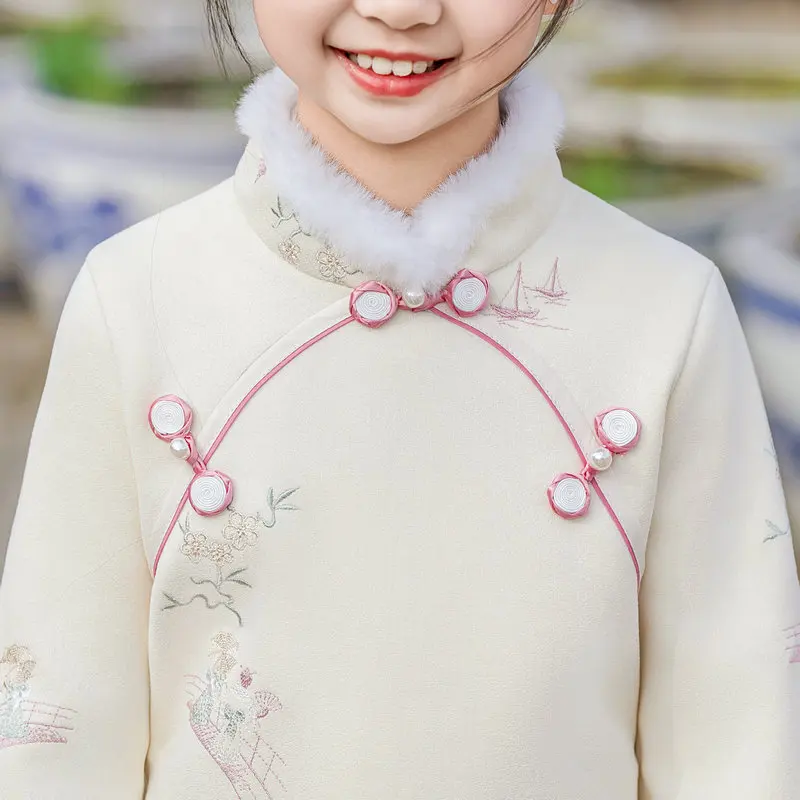 Winter Autumn Girls Beige Chi-pao Dress Fleece Mandarin Collar Beaded Cuff Hem Design Embroidery Qipao Robe Kids Cheongsam Hanfu