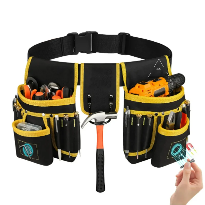 XMSJ Men's magnetic tool belt, 26-pocket heavy-duty tool bag, magnetic gun holster nail detachable and adjustable waist bracket