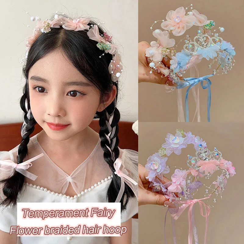 Flower Girl Fairy Wearing Crystal Tiara Headband Children'S Flower Crown Flower Wreath, Floating Headband Crown Hair