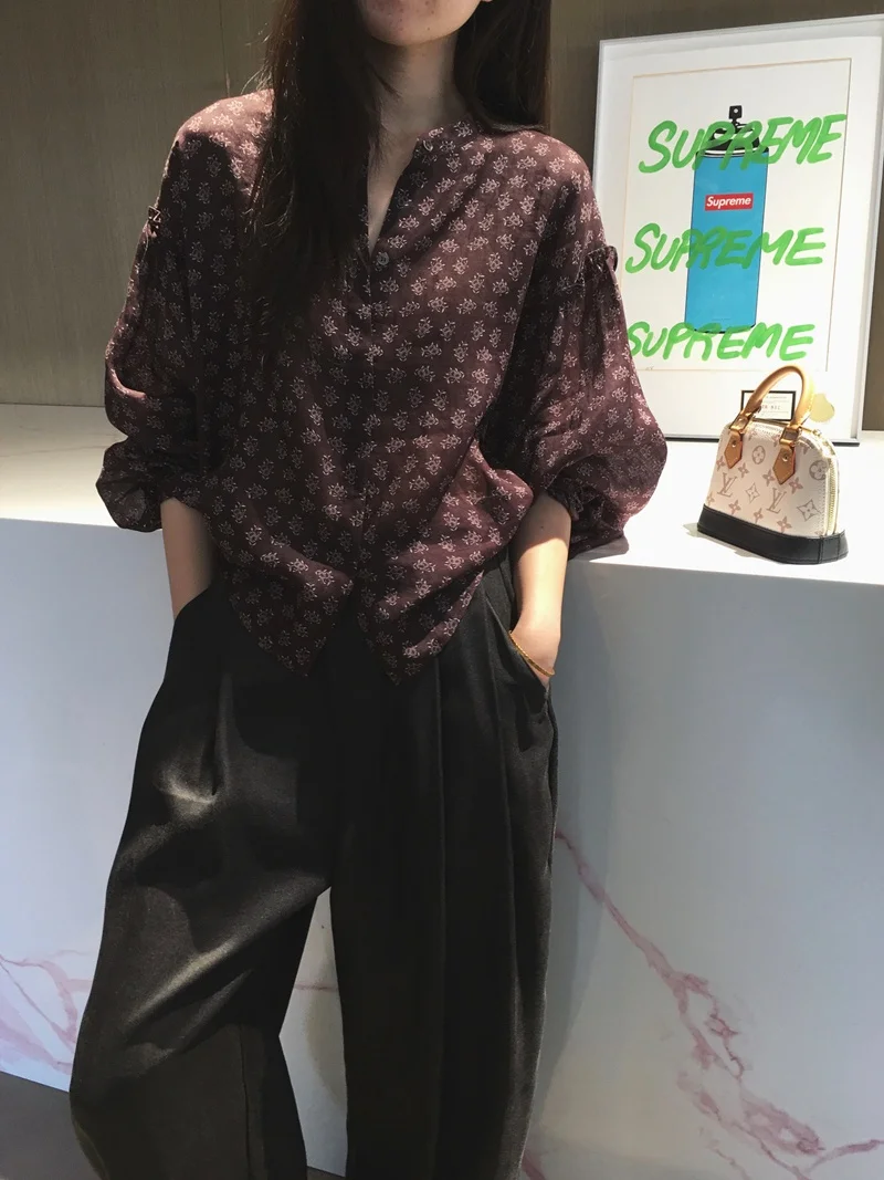 

Cuijia Refreshing Breathable Slim Linen Weave Stand Collar Loose Fit Printed Top Long Sleeve Casual Style Women's Shirt