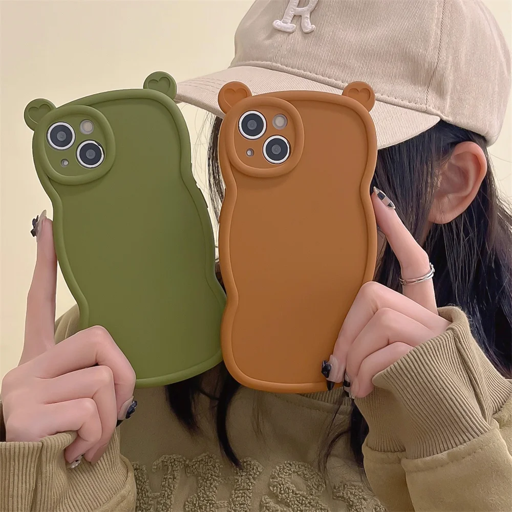 Schattige 3d Beer Oren Mat Siliconen Telefoonhoesje Voor Iphone 14 13 15 16 Pro Max 12 11 X X S Lens Beschermer Golfframe Schokbestendige Hoes