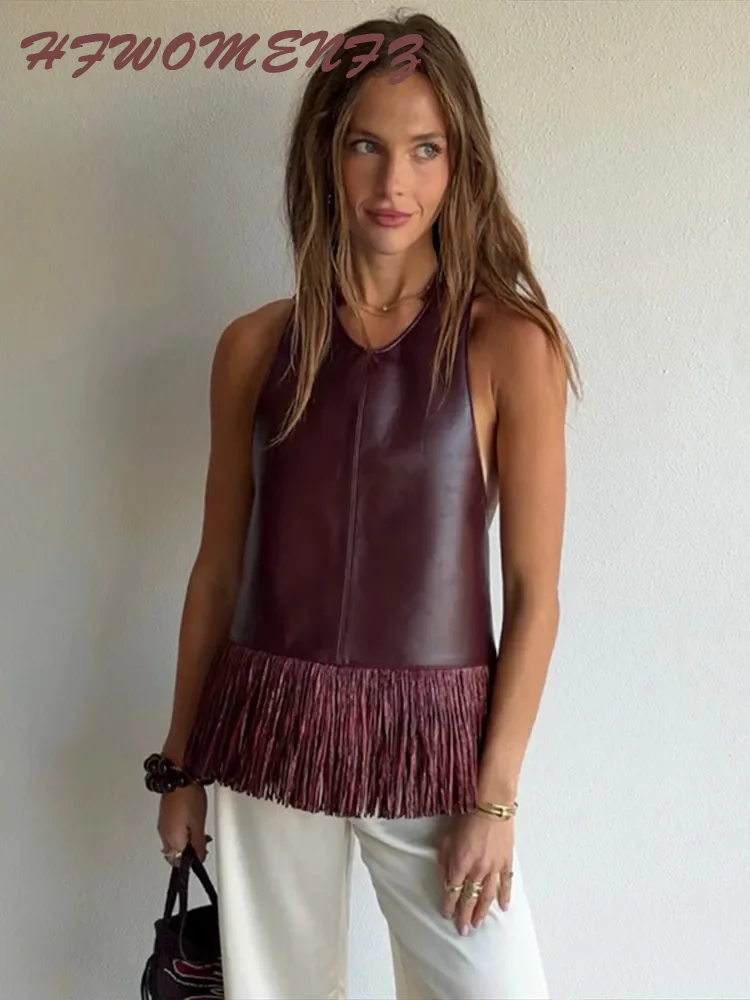 Top Halter de Piel Sintética con Flecos y Patchwork para Mujer, Casual, Liso, Sin Mangas, Sin Espalda, Estilo Chic, Primavera Verano 2026