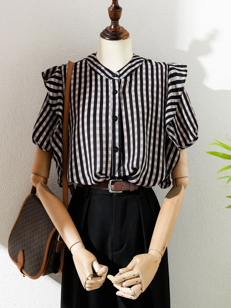 Retro Plaid Lace Hem ort Sve Women's irt Loose Casual Top Summer New Sle High Sensation Loose Fit round Ne irt