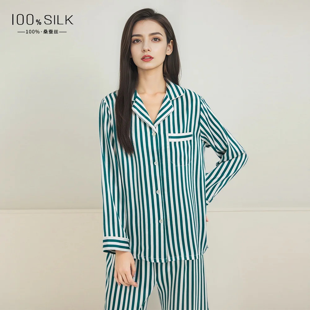 100% Mulberry Silk Printed Pajama Suit 19MM Silk Ladies Striped Pajamas Spring Autumn Long-sleeved Women Nightwear Underwear