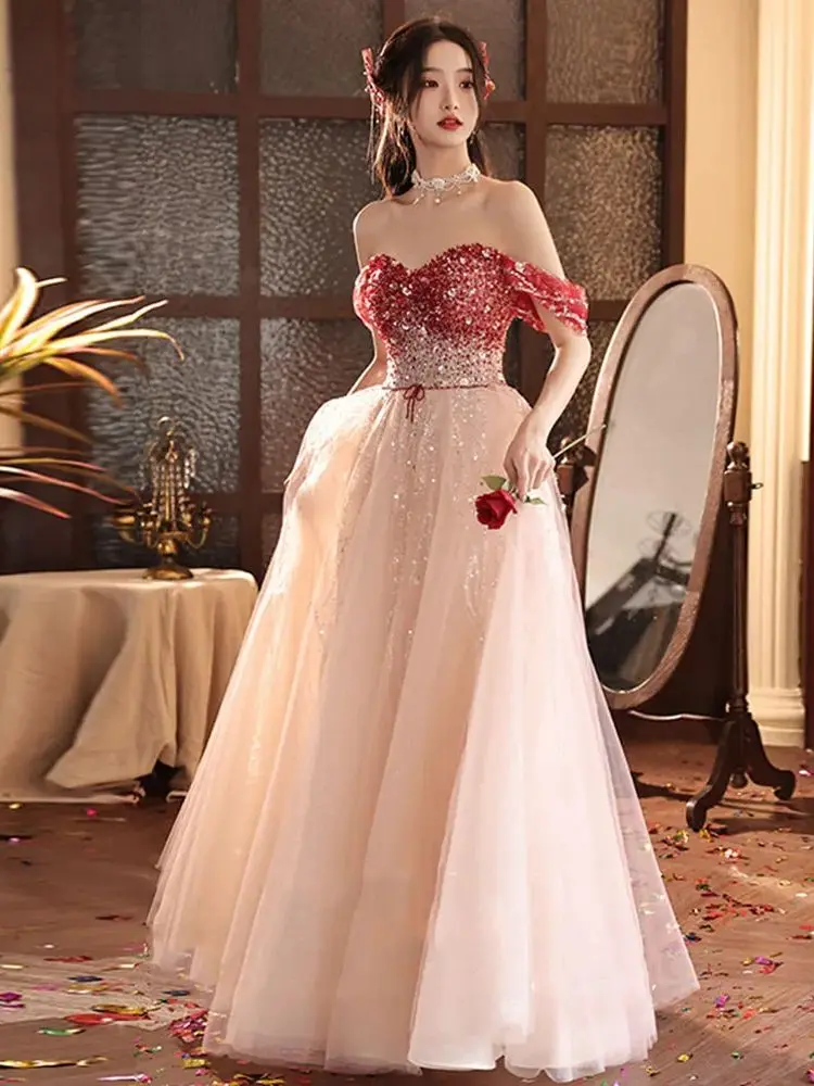 

Elegant Shinning Sequins Women's Evening Dress Off Shoulder Sexy Backless Gradient Rose Red Graduation Party Vestido Female Gown