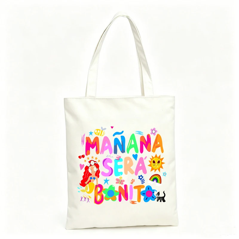 Women's canvas tote bag with colorful letter print and cartoon-inspired graphic, ideal for casual daily use and summer outings