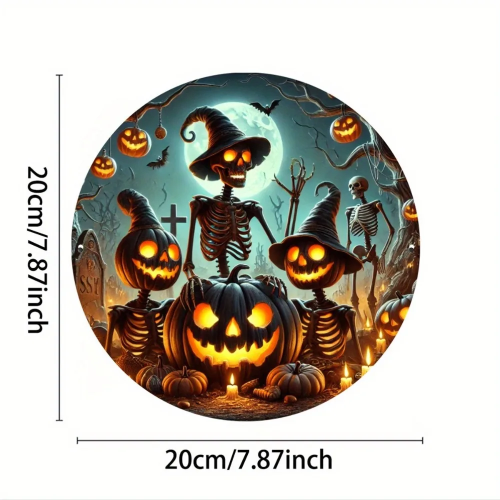 لافتة معدنية فزاعة رعب الهالوين ثنائية الأبعاد، فن معلق من القصدير الدائري المطبوع المسطح، ديكور جداري مقاس 8 بوصات