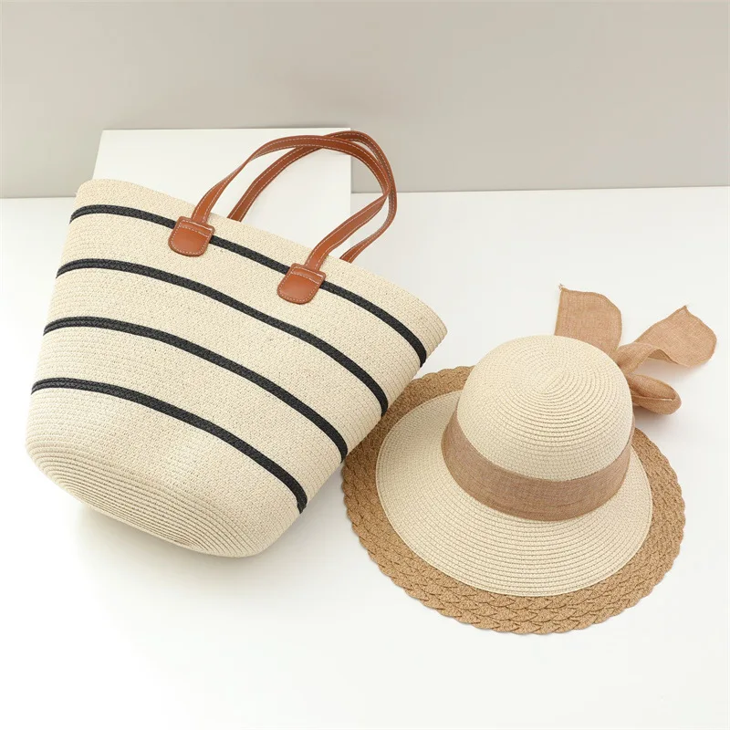 USPOP Tow-pieces Set Wide Brim Bow Straw Sun Hat Summer Straw Hat Retro Striped Straw Bag Large Capacity Tote Bag