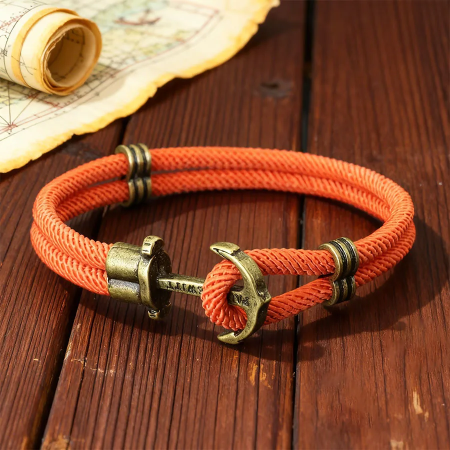 Nautical Anchor Bracelet for Men Double Threaded Nylon Rope Wristband Vintage Metal Easy-Hook Clasp Sailing Surf Jewelry