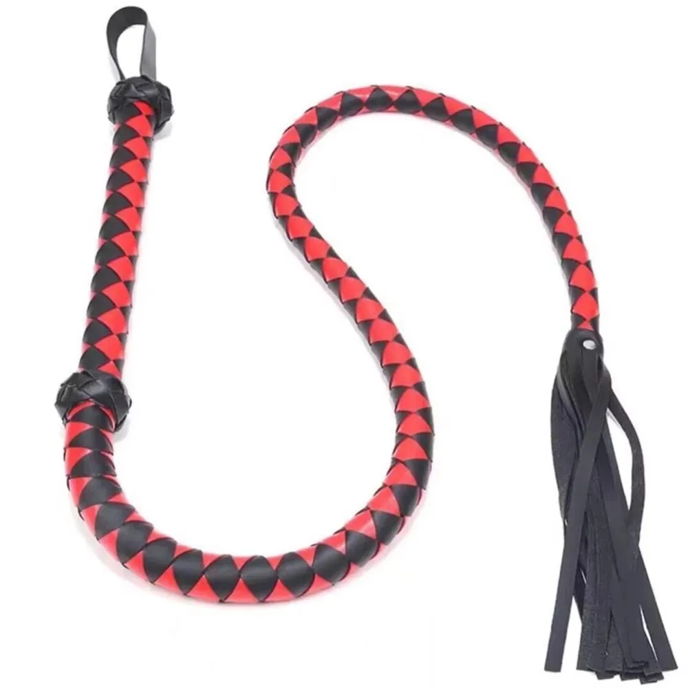 

144CM Genuine, Leather Horse Whip Solid Rod with Soft Thick Leather Tails, Faux Leather Paddles Supply Straight Knobbed Whip