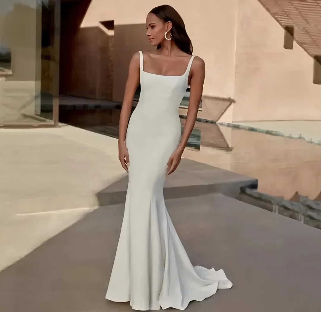

Simple Mermaid Wedding Dresses Straps Square Neck Backless Soft Satin Court Train Bride Dress Bridal Gowns Sweep Train Vestidos