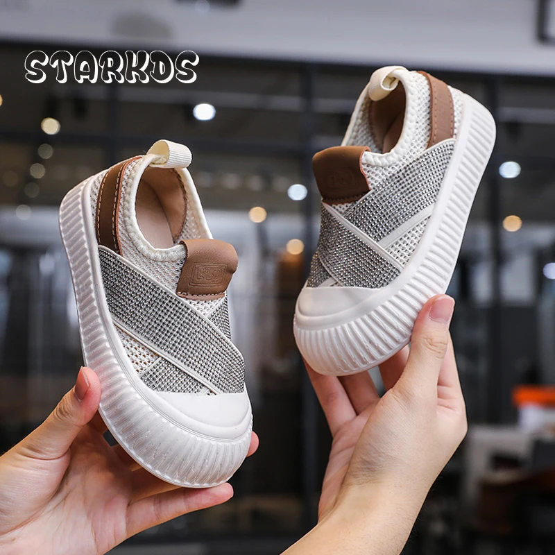 

Slip-on Thick Sole Sneakers Kids Luxury Rhinestone Cross Band Mesh Trainers Girls Brand Design Summer Knitted Sport Shoes