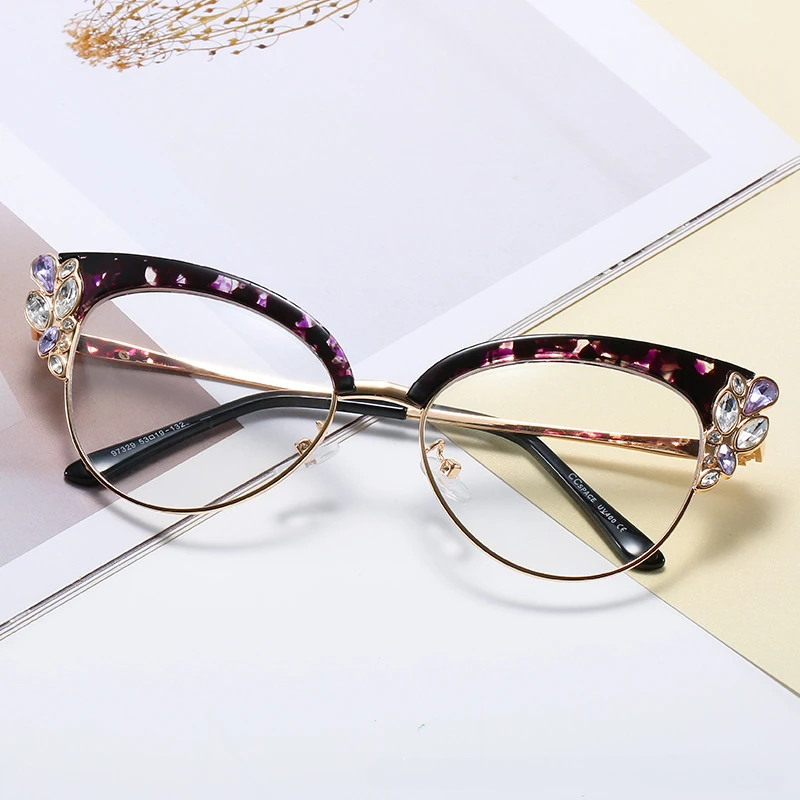 Очки Diamond Studded Anti Blue Light Glasses Retro Cat Eye Ball Party Decorative Glasses for Women Clear Lens Spectale Glasses