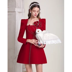 Women's Hepburn Style 3D Flower Red Dress, elegante, retro, outono, pequeno, novo