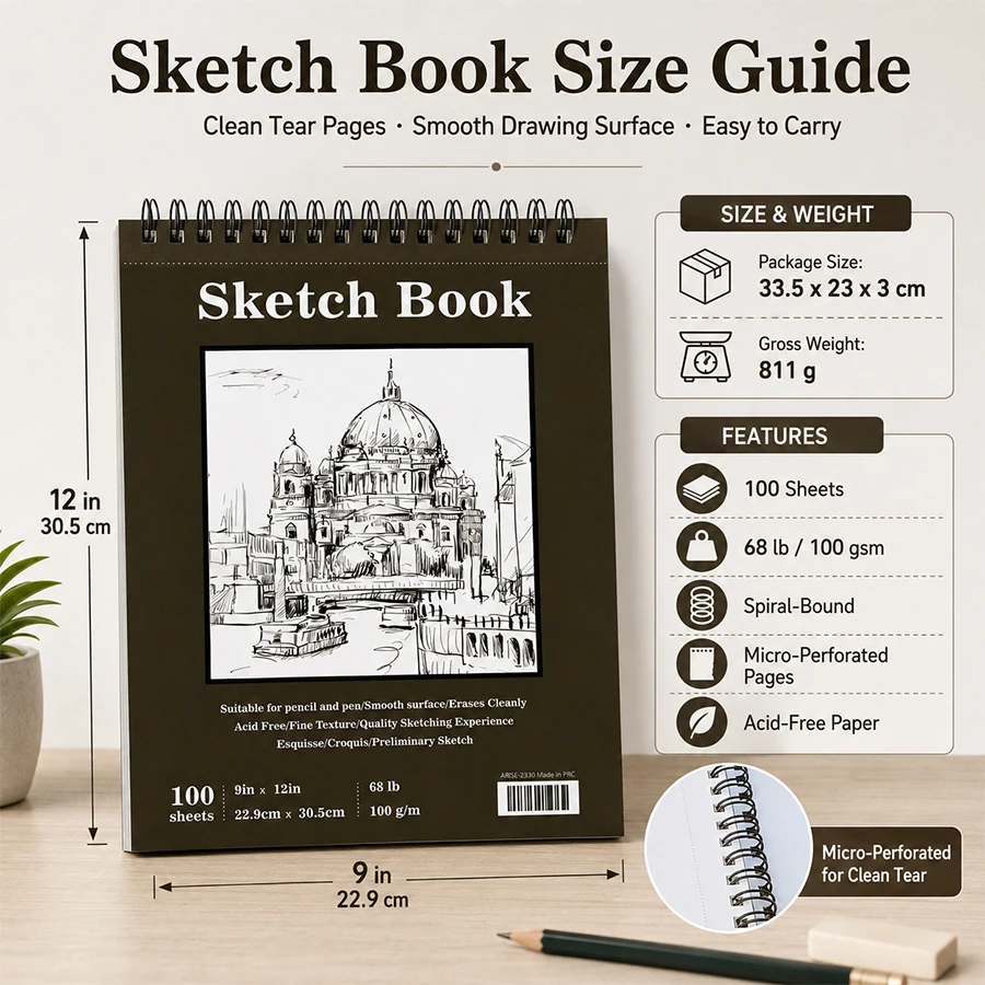 9x12 Inch Spiral Bound Sketch Book 100 Sheets (200 Pages) Acid‑Free Perforated Drawing Notebook For Pencil Pen Artist Sketching
