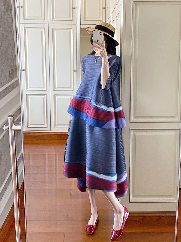Frauen Eleganten Anzug Farbe Blockieren Unregelmäßigen T-shirt Hoher taille Casual Große Yards Halb Rock 2025, Sommer Neue Weibliche Kleidung