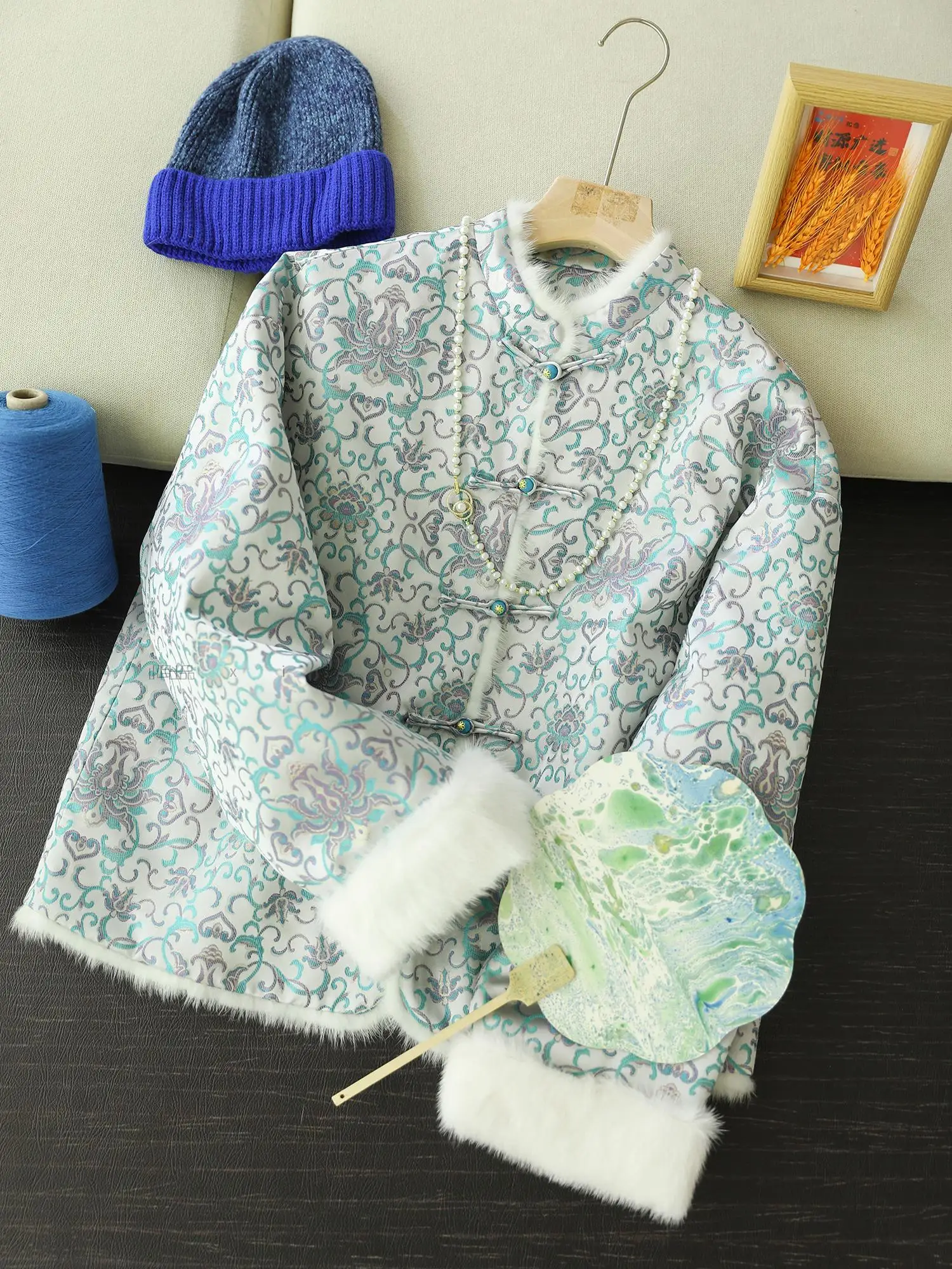 

Ele White Du down Jaet Silk Embroidery Frilled Sve Women's Traditional Chinese Sle Button up Winter Coat