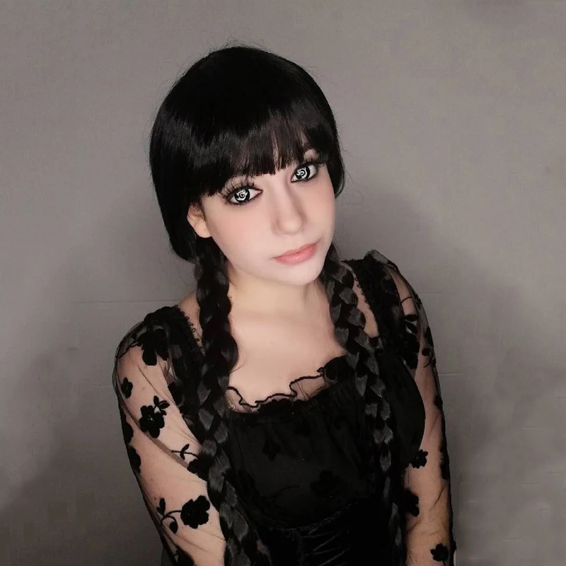 HAIRJOY Wednesday Synthetic  with Bangs Black Long Pigtails  for Women Girls Addams Family Hair Wig for Party