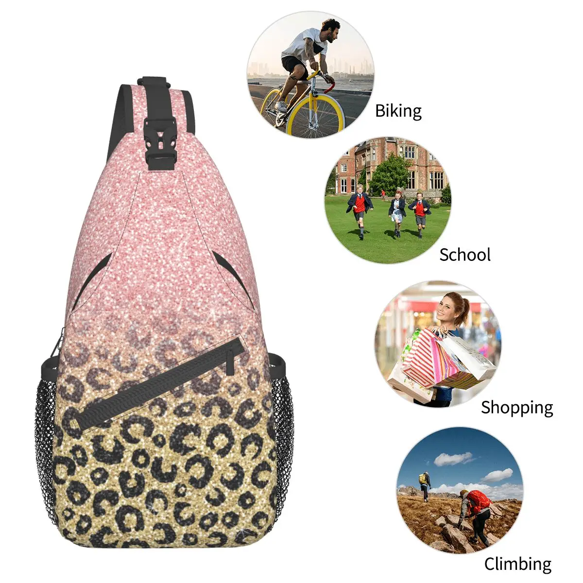 Rose Gold Glitter Black Leopard Crossbody Sling Bags Fashion Chest Bag Shoulder Backpack Daypack Hiking Outdoor Sports Satchel