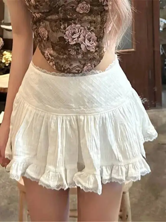 Pure Desire Sweet Spicy Girl White Lace Edge Cake A-line Skirt Women's Summer Ballet Style High Waist Fluffy Short Skirt GFVT