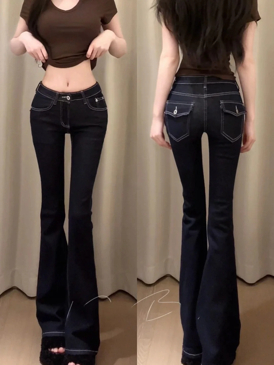 Low Waist High Elastic Pocket Design Retro American Fashion Jeans Bootcut Long Pants Hip Enhancing Slimming Butt Lifting