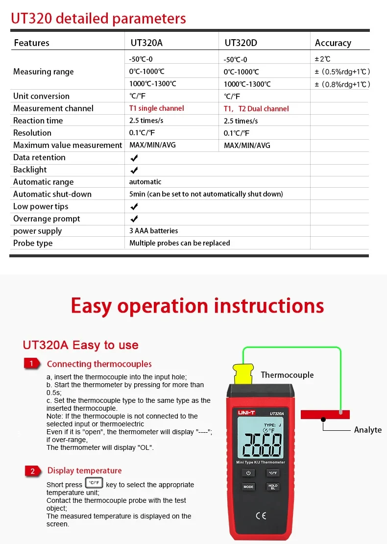 UNI-T UT320A UT320D Digital Thermometer Mini Dual K/J Type Thermocouple Thermometer -50℃ to 1300℃ High Temperature Tester Meter