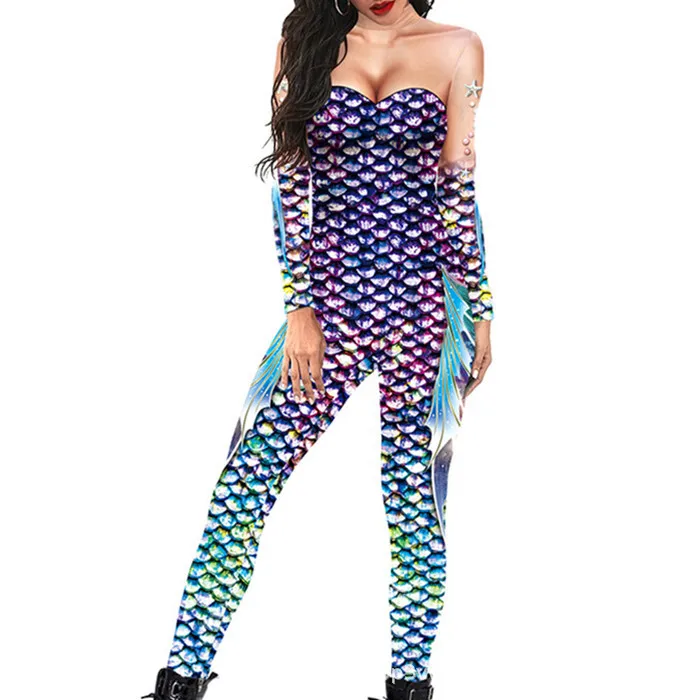 Erwachsenen-Jumpsuit mit Fischschuppen-Druck, Meerjungfrauen-Cosplay-Bodysuit, Kostüm für Halloween-Party, Rollenspiel, Karneval, Digitaldruck-Outfit – Detail 4
