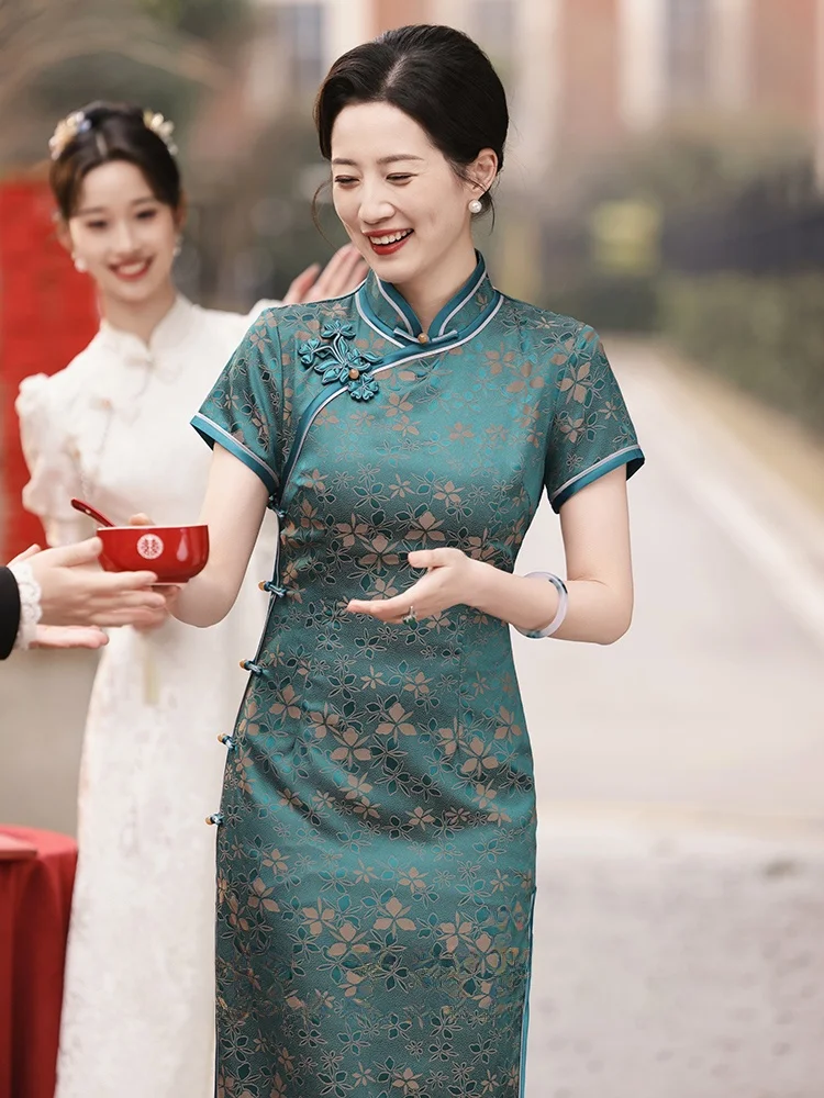 

Revised Young Style Long Elegant High Quality Mom Shanghai Vintage Summer Fashionable Traditional Chinese Dress
