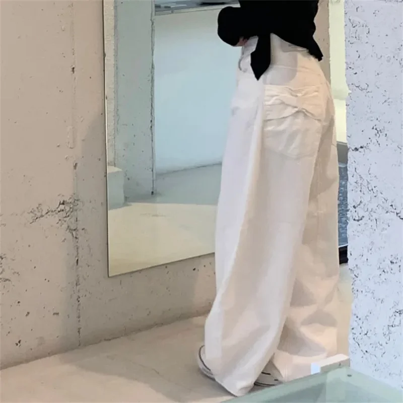 High Waist Wide Leg Casual Straight Jeans Women's Korean Style Multi-Pocket Workwear Denim Loose Slimming Long Trousers