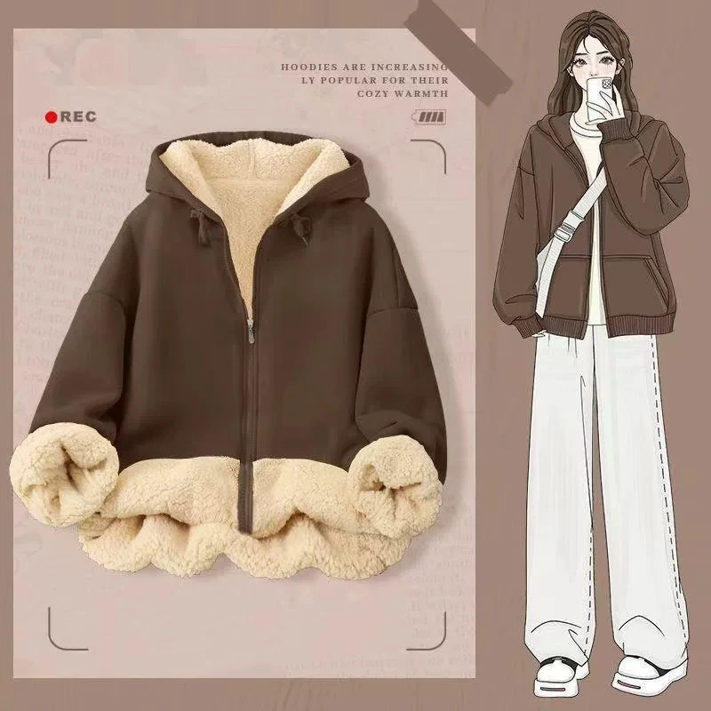 Lamb Velvet Hoodie Women's Autumn Winter Thickened Warm Loose Large Size Couple Open Cardigan Outerwear Trendy Zipper Design