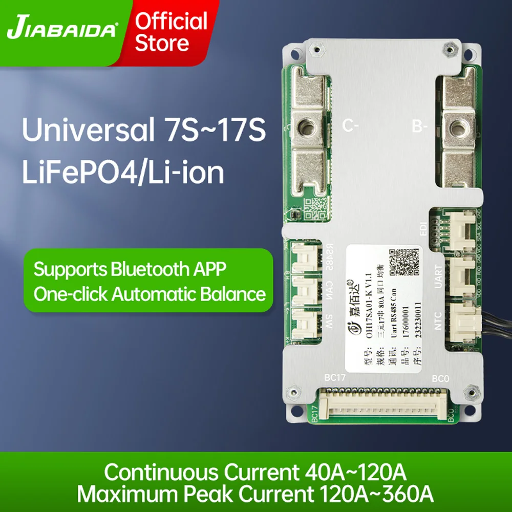 JBD OH17SA01 7S-17S 40A 60A 80A 100A 120A Smart BMS LiFePO4 li-ion z UART RS485 CAN JR EDI