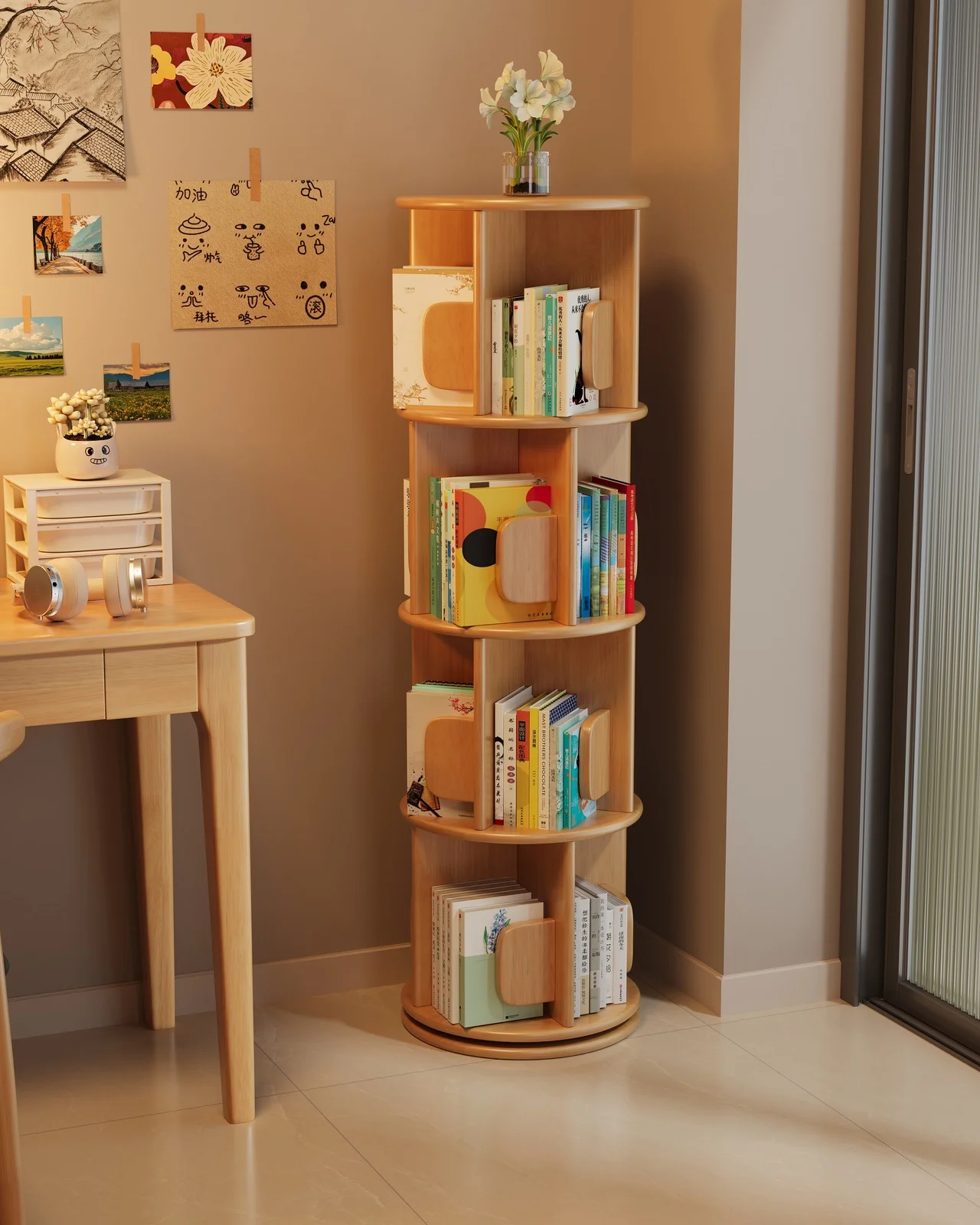 360° Rotating Solid Rubber Wood Bookshelf, Eco-Friendly Spinning Bookcase for Home Study, Multi-Tier Available
