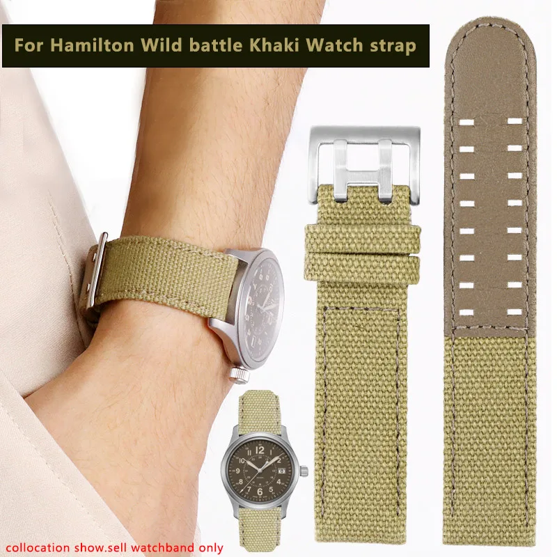 Voor Hamilton H 70665533 /H 7054555   Wild battle Outdoors canvas horlogeband 20 22 mm Man Zwartbruin kaki Nylon koeienhuid horlogeband