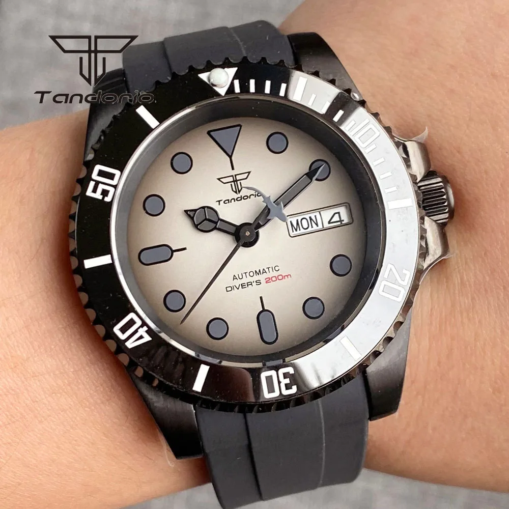 Tandorio Double Date NH36 40mm Black PVD Mechanical Automatic Watch for Men Sapphire Crystal Ceramic Rotating Bezel 20BAR