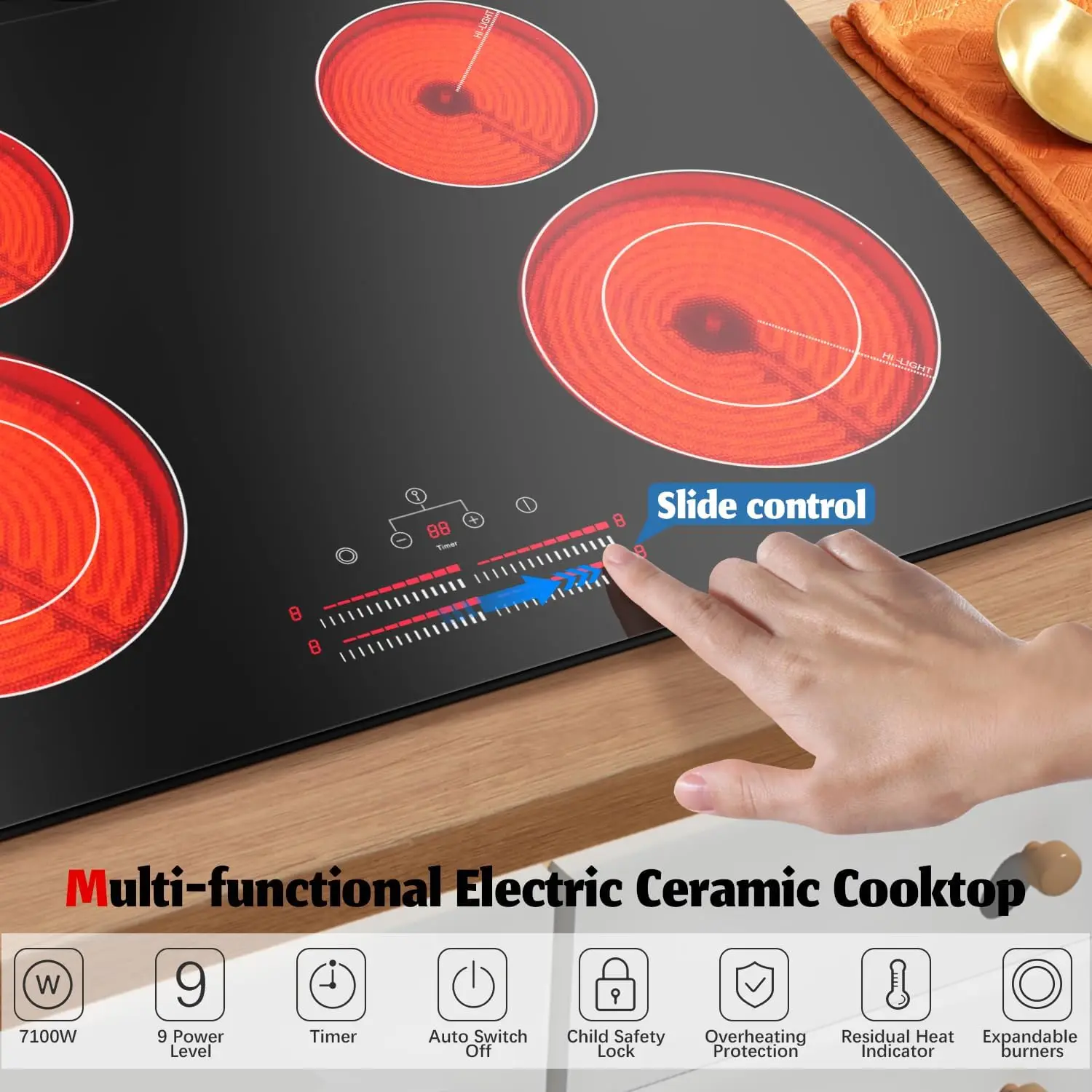 Karinear 4 Burner Electric Ceramic Cooktop 30 Inch, 220-240V, 30 Inch Built-in Install, 7100W, Slide Control, Oval Zone(No Plug)