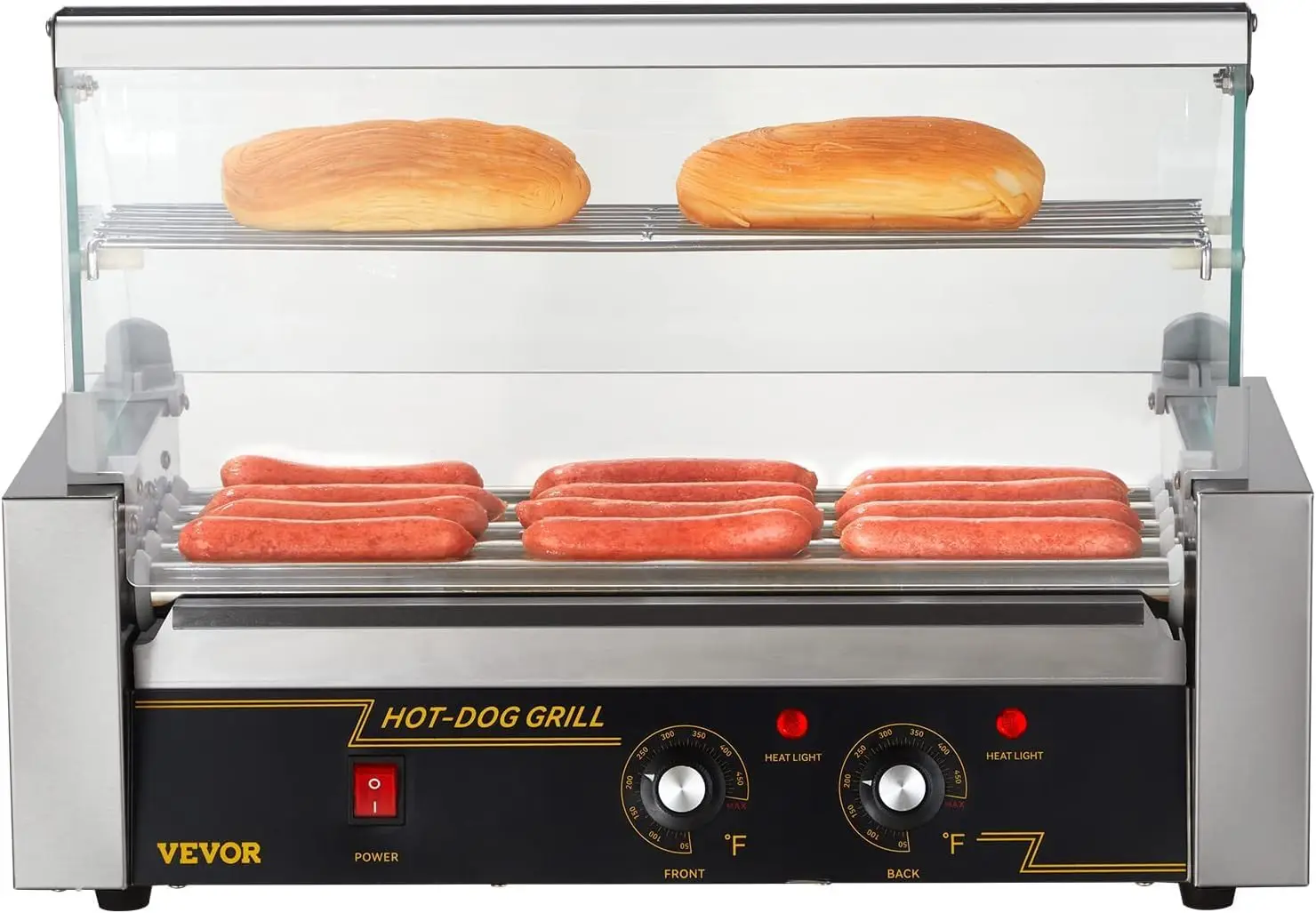 12 Hot Dog Capacity 5 Rollers, 750W Stainless Steel Cook Warmer Machine with Cover & Dual Temp Control, LED Light & Detachable