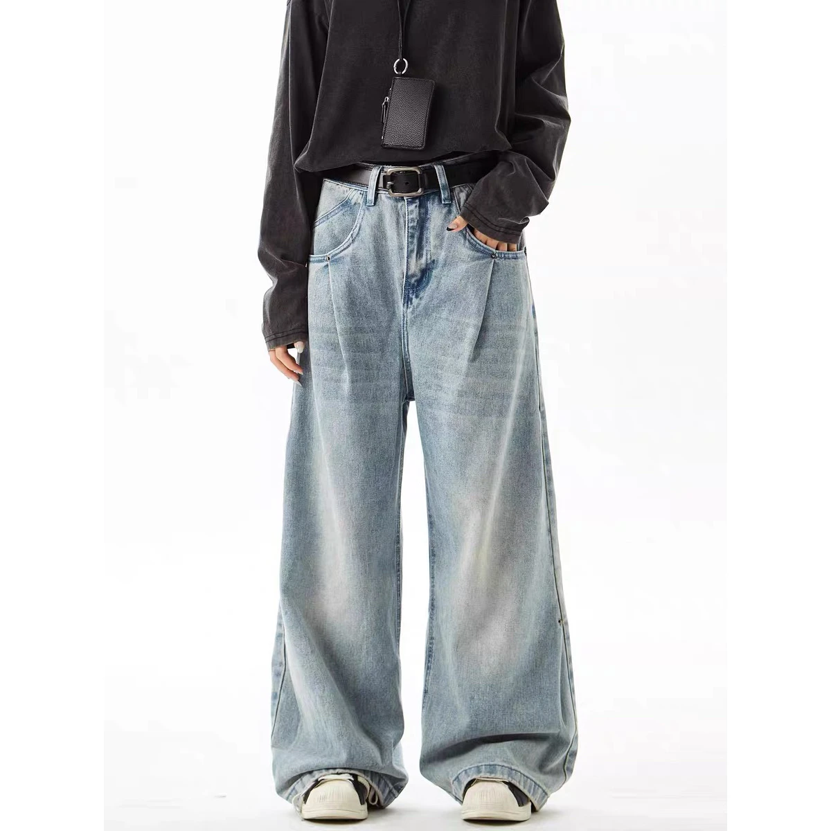 

Retro American Cleanfit Jeans Men's Women's Loose Casual Rivet Splicing Wide Leg Long Trousers Trendy Water Waed Denim