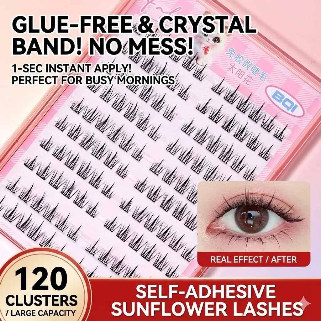 BQI 10 Rows No Glue Individual Lashes Lazy Trilogy Sunflower Cluster Voluminous Self-Adhesive Eyelashes for Beginners