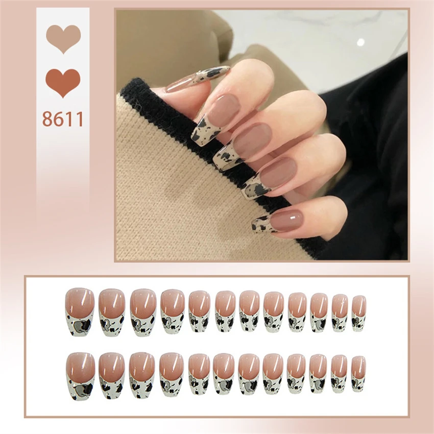 

24Pcs/Set Quail Eggshell Spot Design Wearing False Nails French Artificial Press on Nail Full Coverage Adhesive Fake Nails Tips