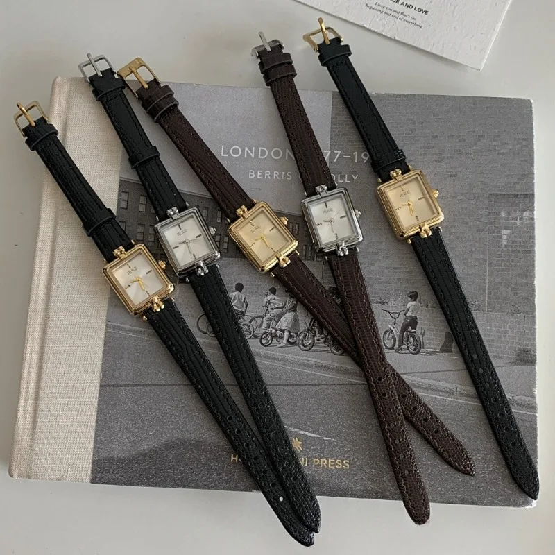 

Винтажные кварцевые часы с маленьким квадратным циферблатом для женщин, роскошные наручные часы из натуральной кожи с ремнем для женщин, подарки