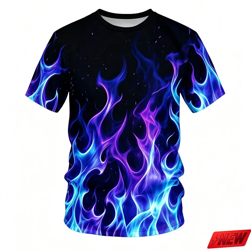 Men's 3D Colorful Flame Print T-shirt Summer Casual Short Sleeve Top Fashion Streetwear Fire Graphic New Unisex Loose Tee Shirts