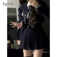 Xgoth Academy Style Skirt Set Solid Loose Short Jacket Pleated Mini Skirts Korean White Shirts Vintage 3pcs Sets /single Piece