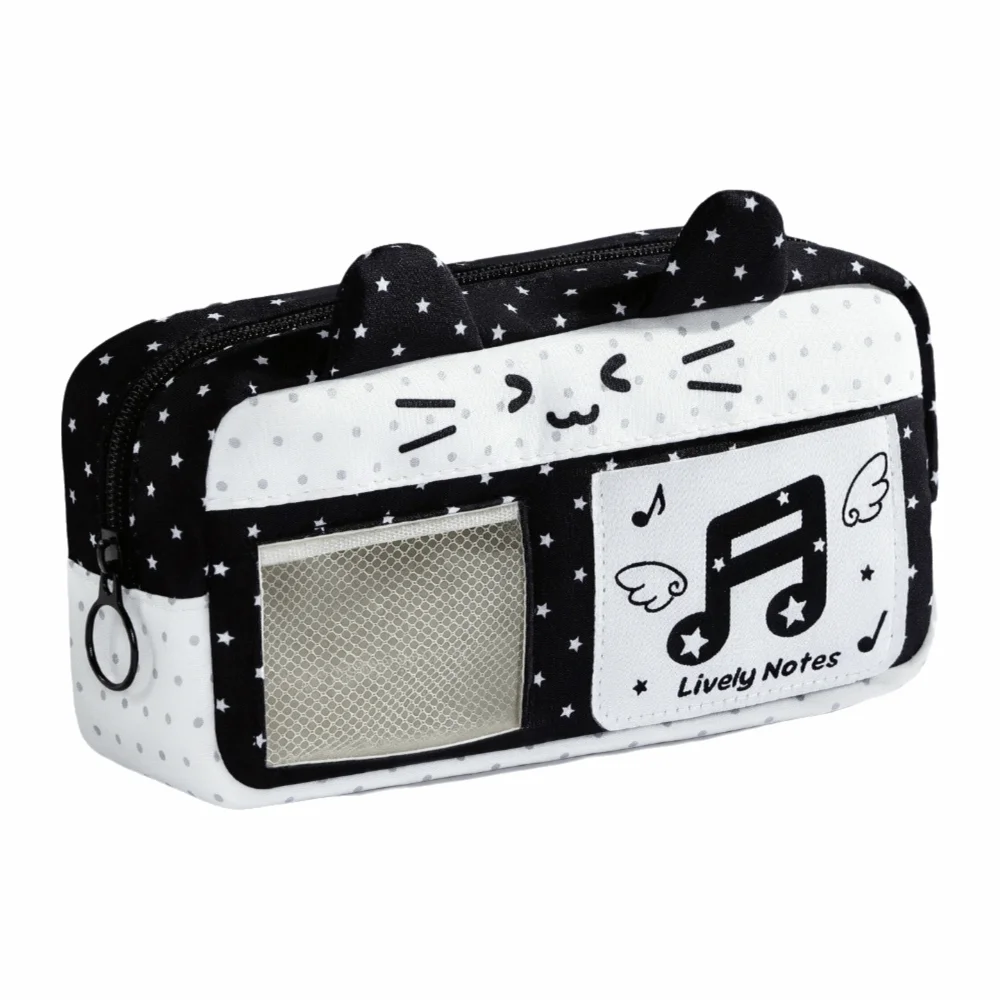 Cat Ear Design Pencil Case with Clear Window Music Note Star Print Pen Bag Multi Compartment Large Capacity Stationery Organizer