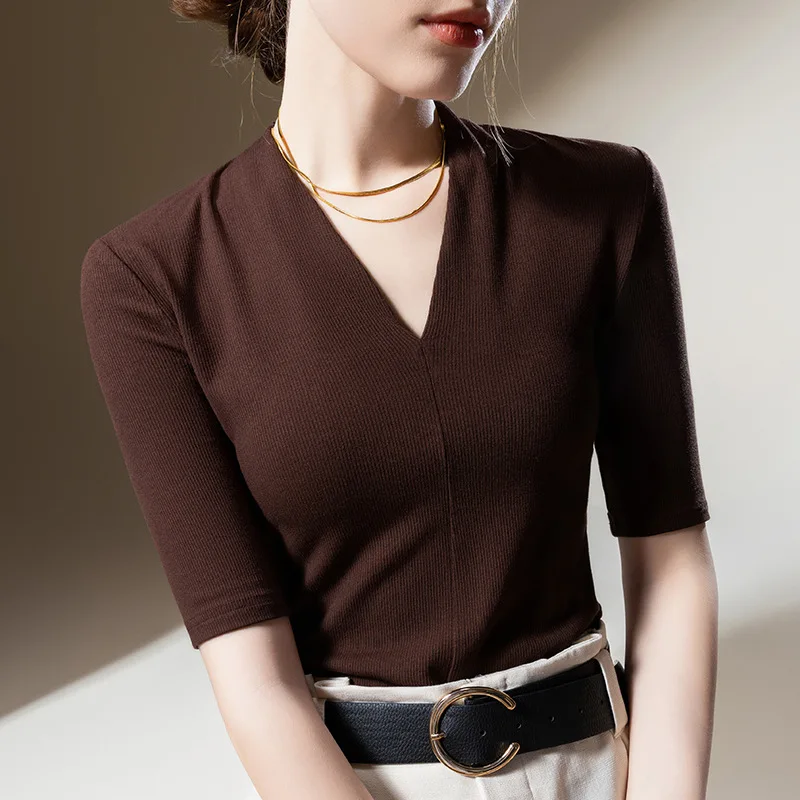 

Women's Short Sleeve Tshirt Solid Color Ribbed V Neck Waist Tops