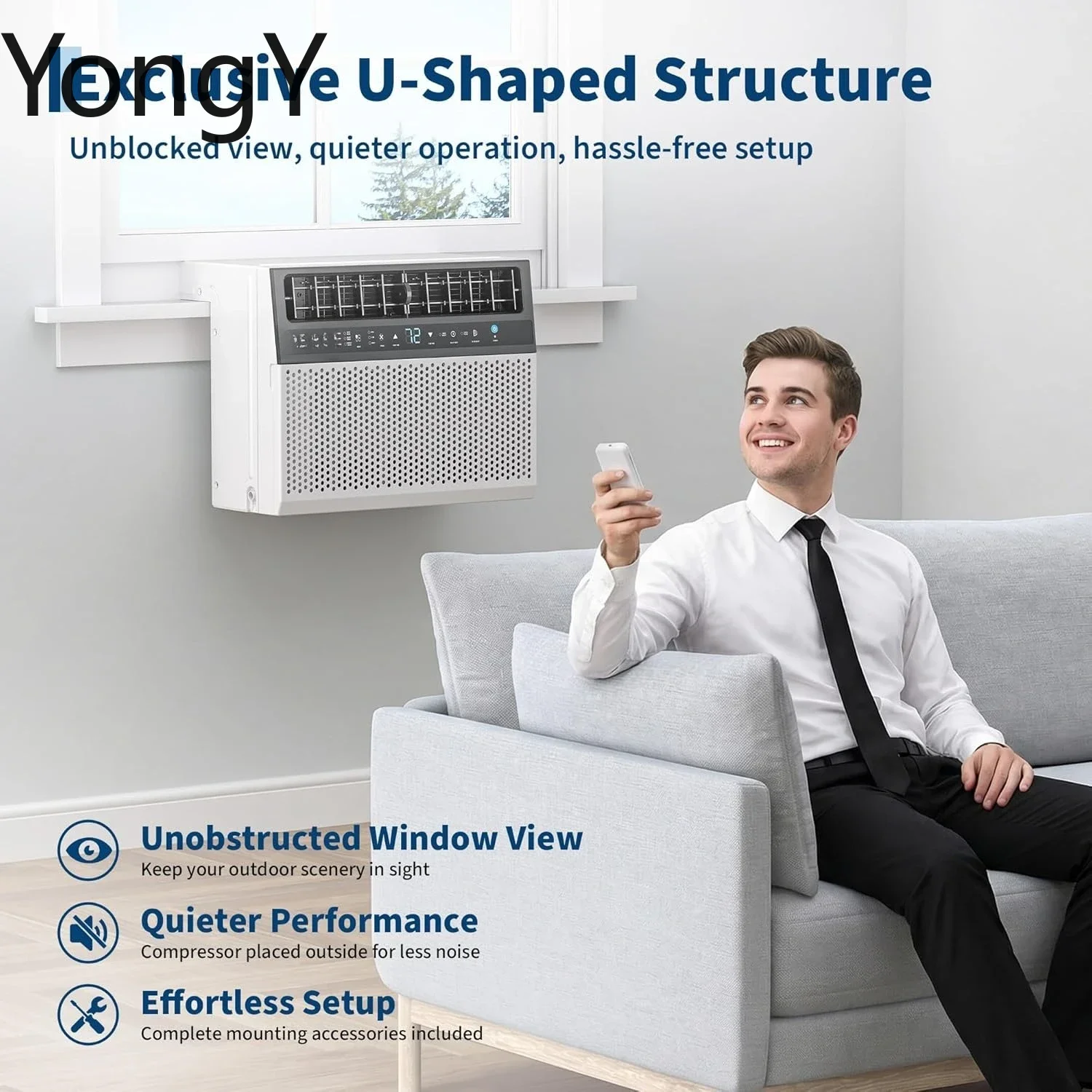 U Shaped Window Air Conditioner 6000 BTU Ultra Quiet Cools 269 Sq Ft Energy Efficient with Remote Control White