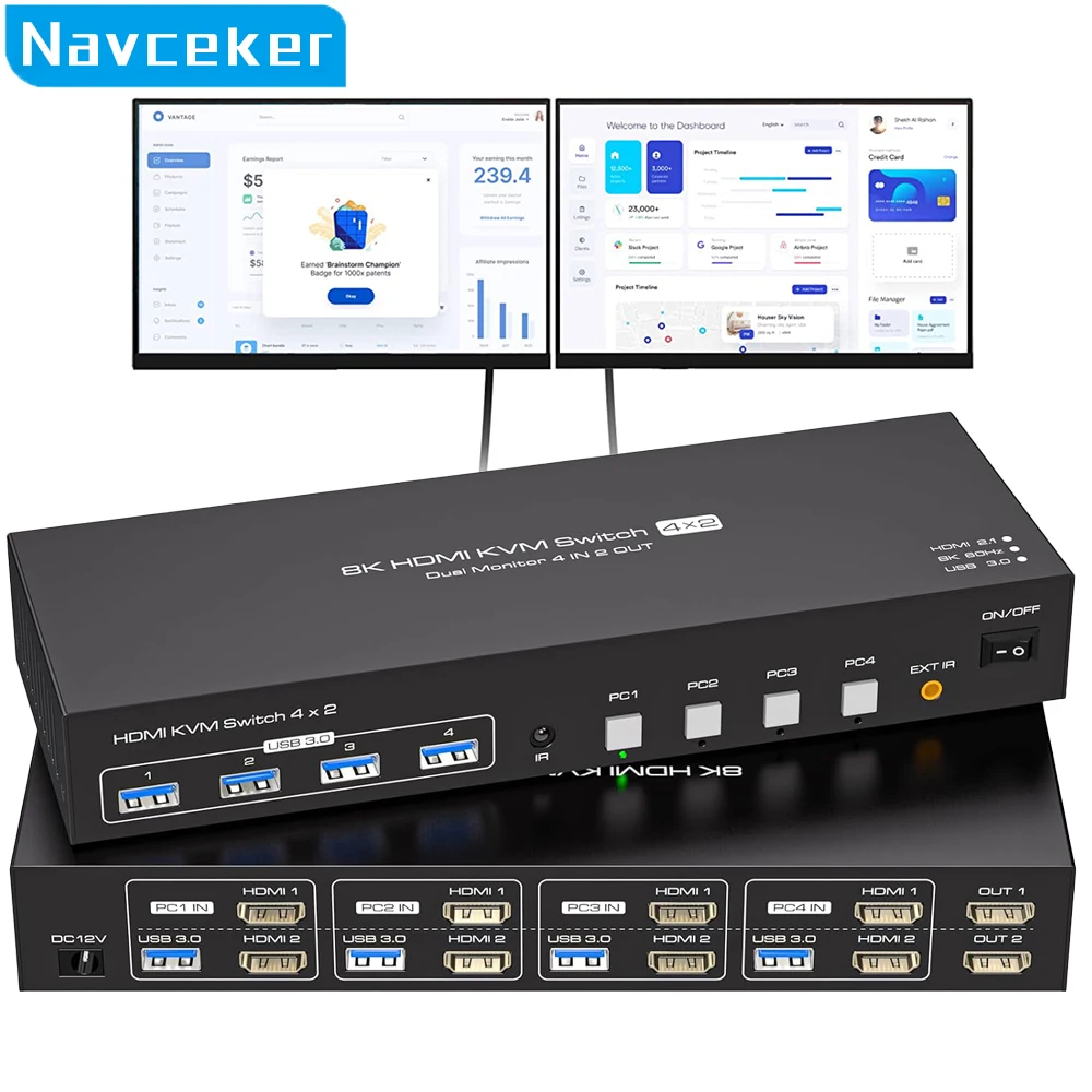 Navceker 8K HDMI KVM Switch 2 monitor 4 computer 4K 144Hz Dual Display 4x2 USB 3.0 KVM Switch per 4 PC condividi tastiera Mouse