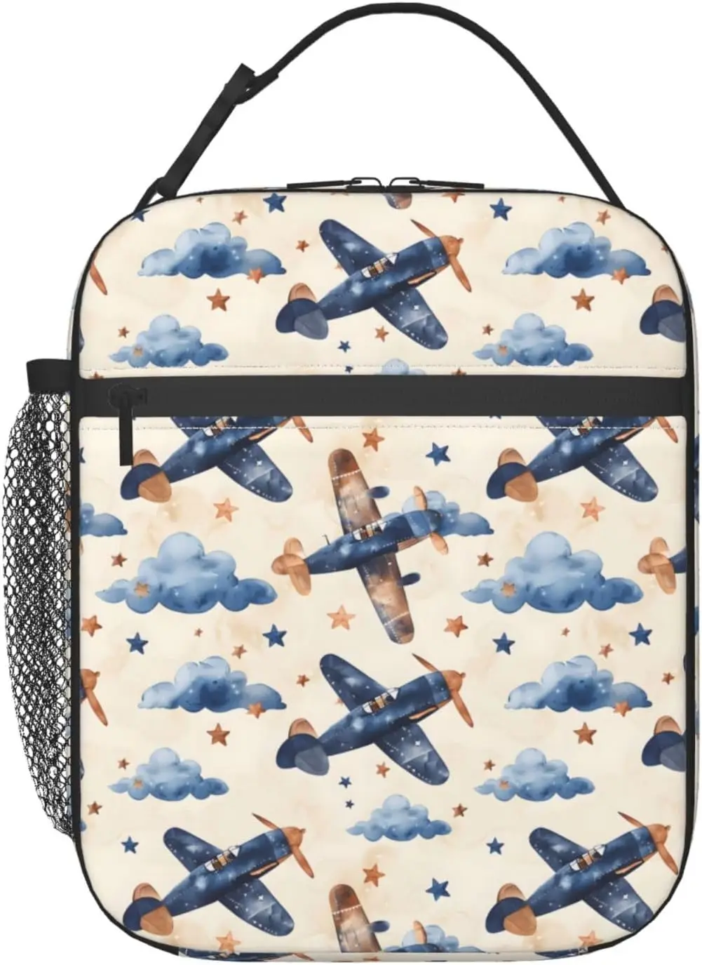 Vintage Airplane Lunch Box for Adults Kids, Insulated Cooler Polyester Lunchbag, Cloud and Star Pattern Handbags for Picnic, Sch
