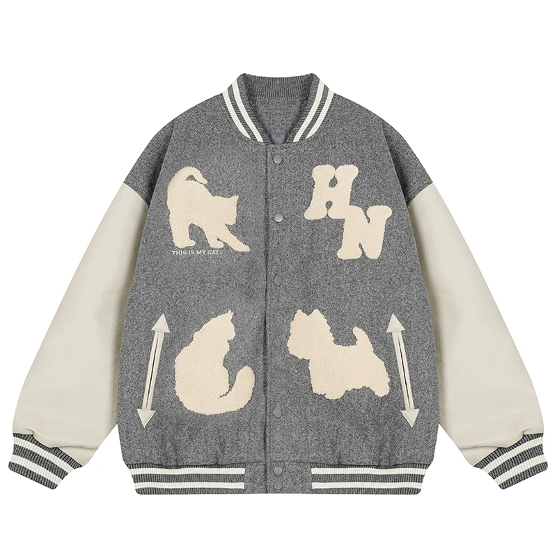 

Oversized Varsity Jacket Men Women Streetwear Baseball Bomber Coat Embroidered Cat Dog Pattern Casual College Style Outerwear