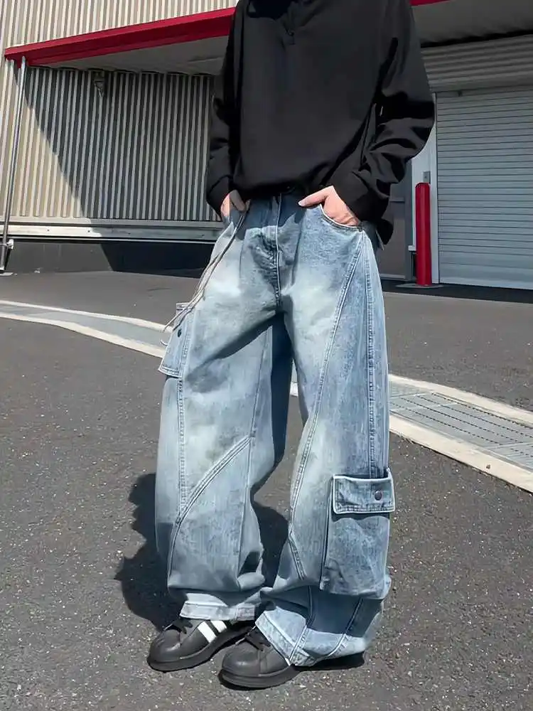Men's Large Pocket Blue Jeans Y2k Casual Pants Young Boy Retro Hip-hop Street Style High Waist Bottoms Wide Leg Male Trousers