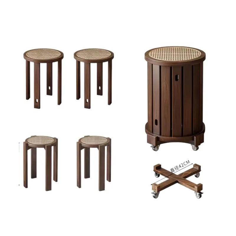 Solid wood low stool, can be stacked six-in-one home stacking music round stool, household spare stacking storage wooden bench